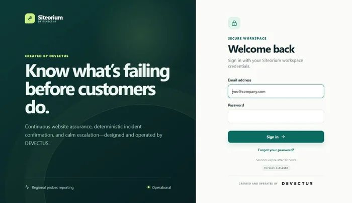 Siteorium secure sign-in screen