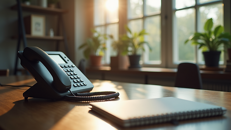 Wide angle view of a tranquil home office space with a telephone receiver