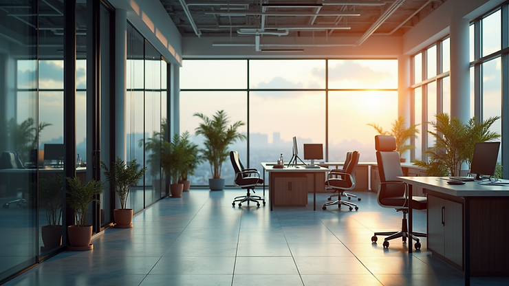 Wide angle view of a thriving business office with digital solutions