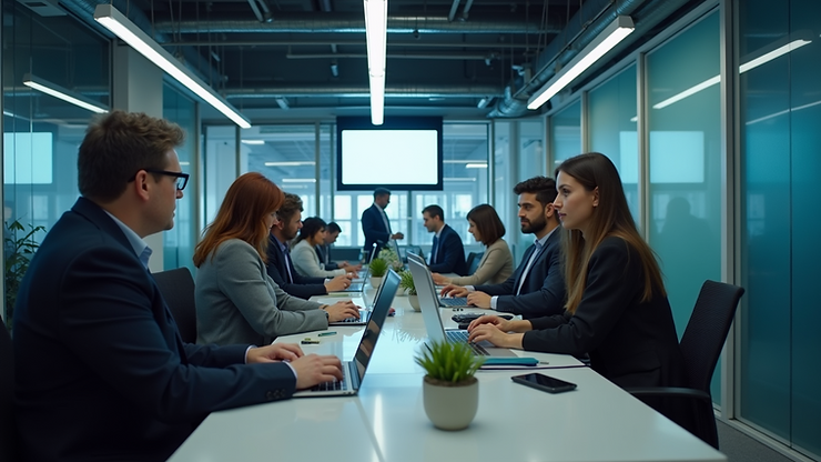 High-angle view of a busy office with employees utilizing digital tools