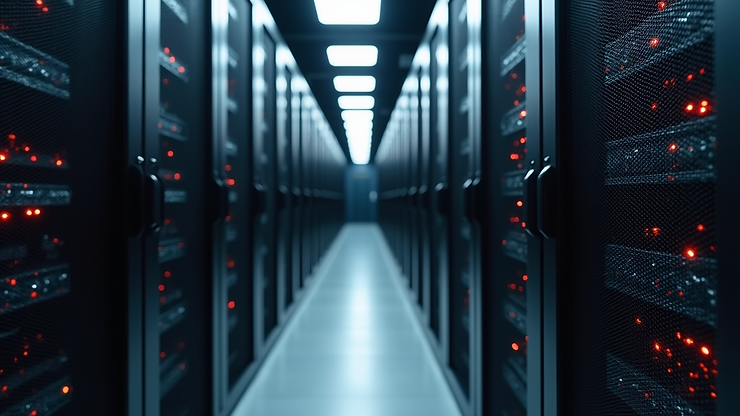 High angle view of a server room filled with racks of servers