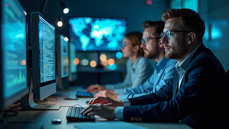 Eye-level view of a cybersecurity team analyzing data in an office