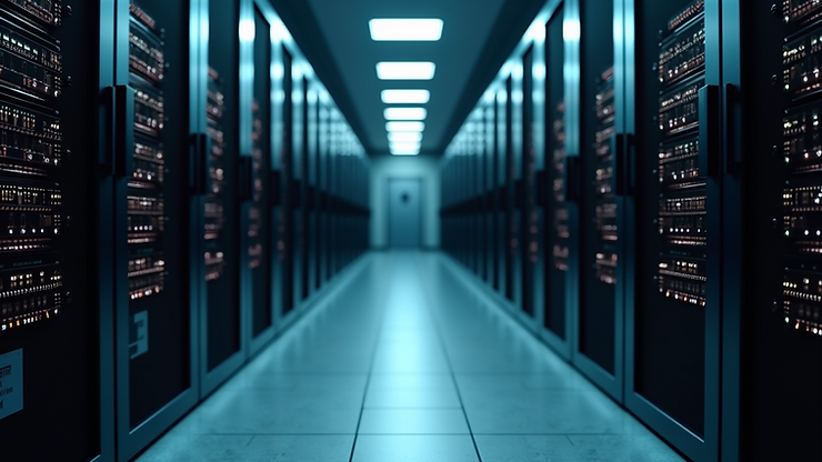 Eye-level view of a data centre with rows of servers