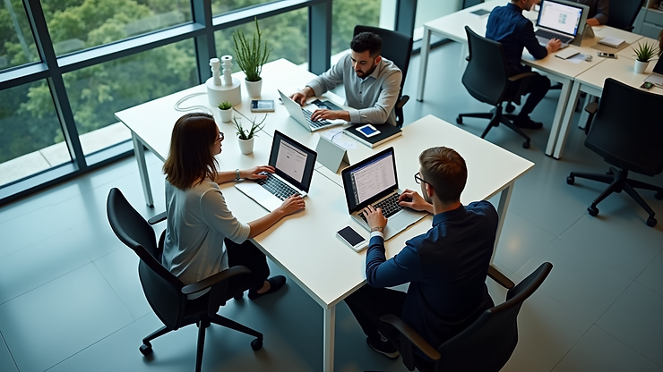 High angle view of a modern office with employees using digital devices