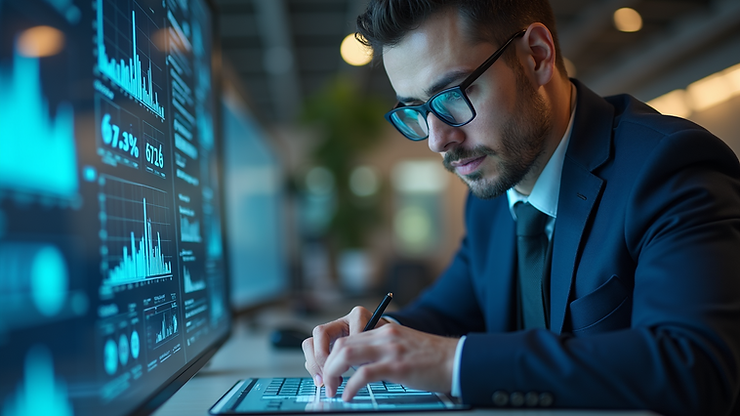 Close-up view of an employee analyzing data on a digital device