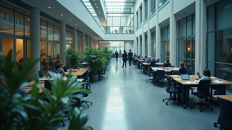High-angle view of a busy corporate office environment