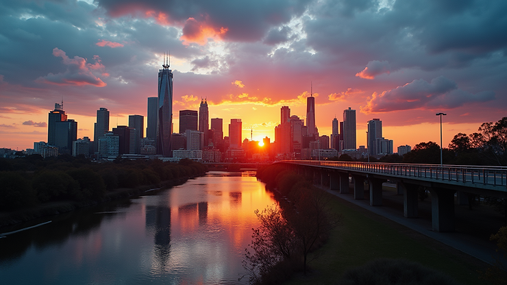 Eye-level view of the Melbourne skyline during sunset