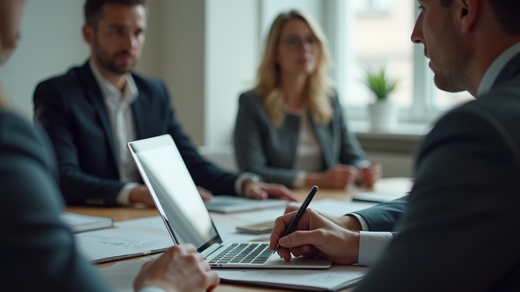 Eye-level view of a business meeting discussing digital strategies