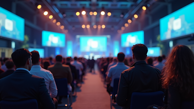 Eye-level view of a bustling digital marketing conference