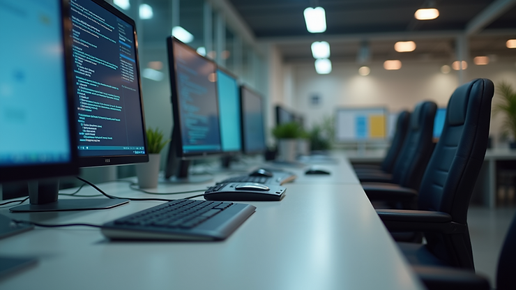 Eye-level view of a modern office workspace with digital devices