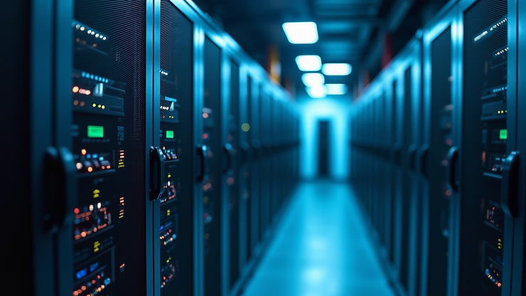 High angle view of a server room with cloud computing infrastructure