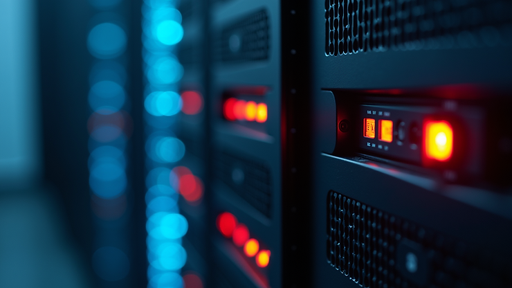 Close-up view of a server rack with blinking LED lights