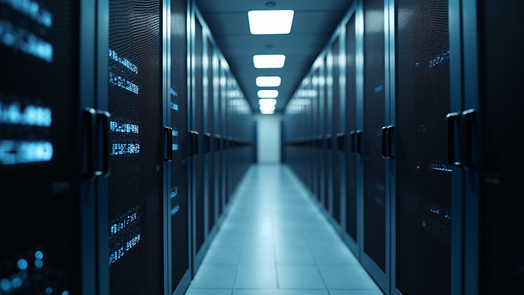 Eye-level view of a modern data centre with server racks