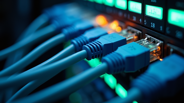 High angle view of network cables connected to a switch