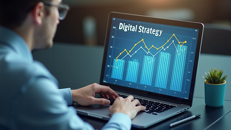 High angle view of a business consultant presenting digital strategy on a laptop