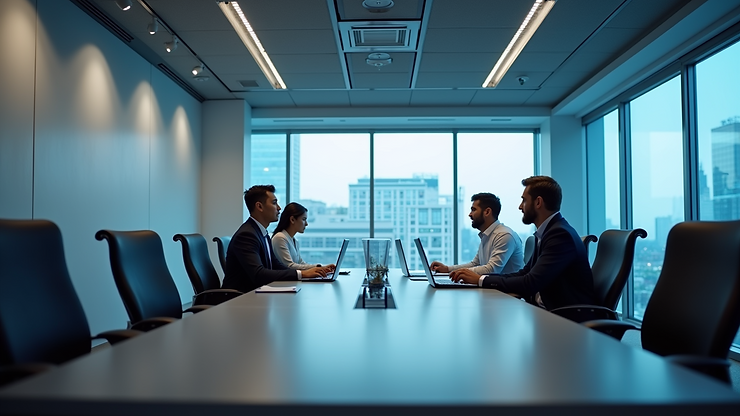 Eye-level view of a modern office meeting room with digital devices