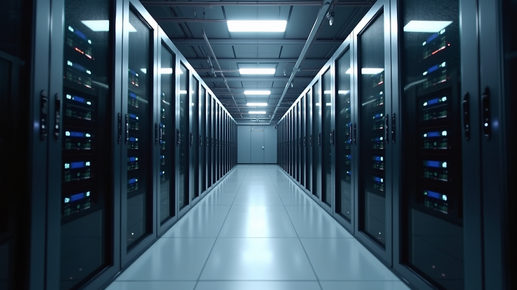 Eye-level view of a modern server room with racks of equipment