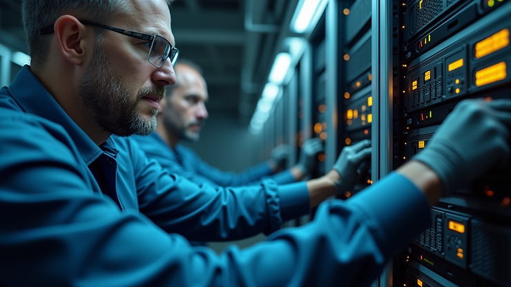Close-up view of a technician configuring network equipment