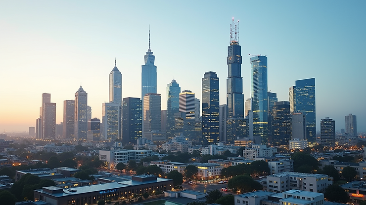 Eye-level view of Melbourne city skyline with modern office buildings