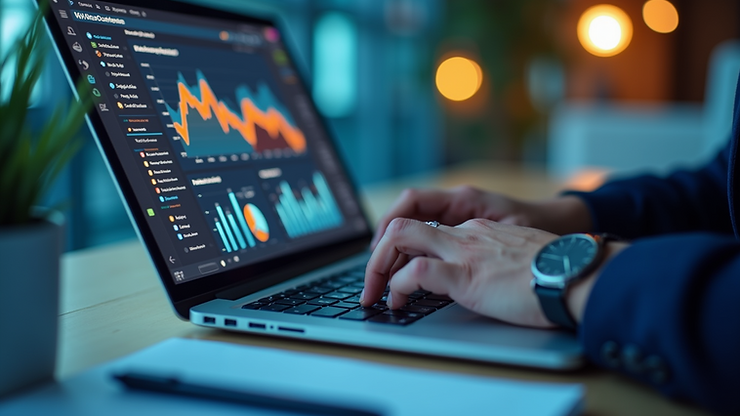 Close-up view of a digital solutions specialist working on a laptop with business analytics