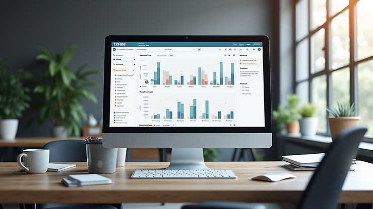 Eye-level view of a modern office desk with a laptop and workflow charts