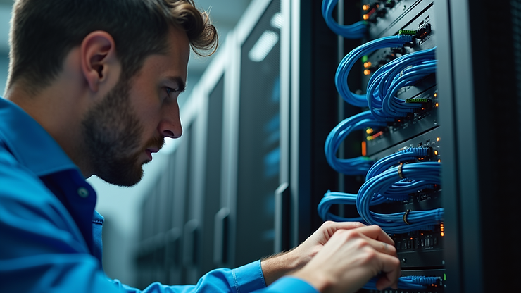Close-up view of a technician configuring network equipment