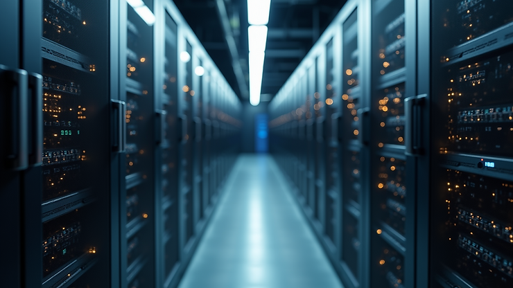 Eye-level view of a modern office server room with blinking lights
