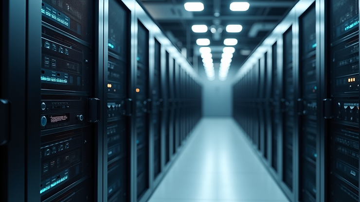 Eye-level view of a modern data centre with rows of servers