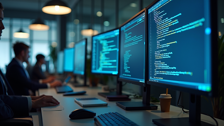 Eye-level view of a modern office workspace with multiple computer screens showing software code