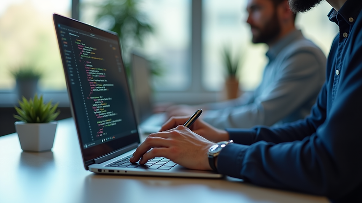 Close-up view of a software developer writing code on a laptop in a bright office