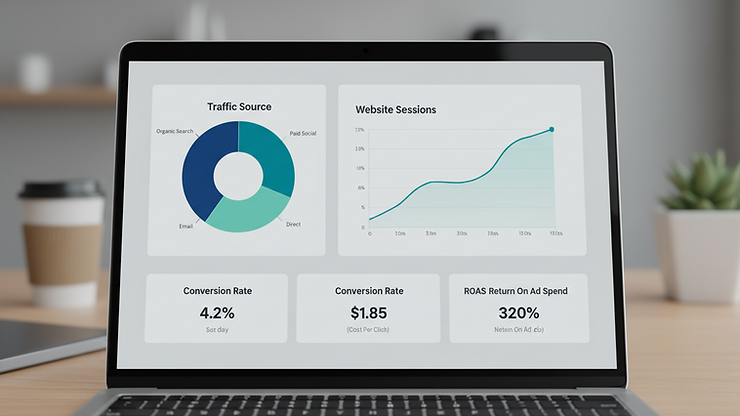 Close-up view of a laptop screen showing digital marketing analytics dashboard