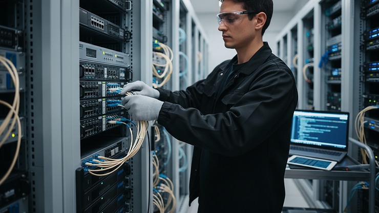 Close-up view of a technician configuring network equipment in a data centre