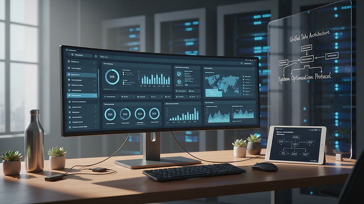 Eye-level view of a modern office workspace with digital marketing strategy on screen