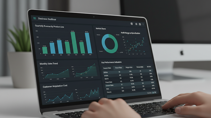 Close-up view of a laptop screen displaying a business intelligence dashboard with charts and graphs