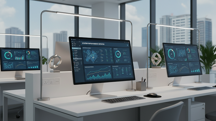 Eye-level view of a modern office workspace with multiple computer screens showing business analytics