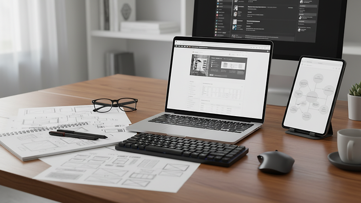 Close-up view of a designer’s desk with sketches and a laptop showing website wireframes