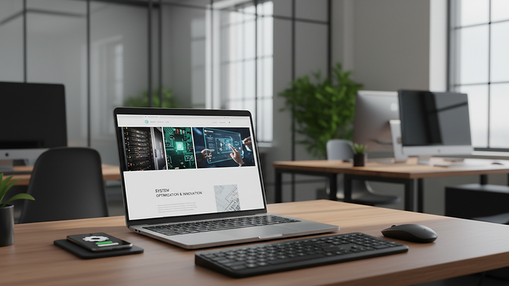 Eye-level view of a modern office workspace with a laptop displaying a website layout