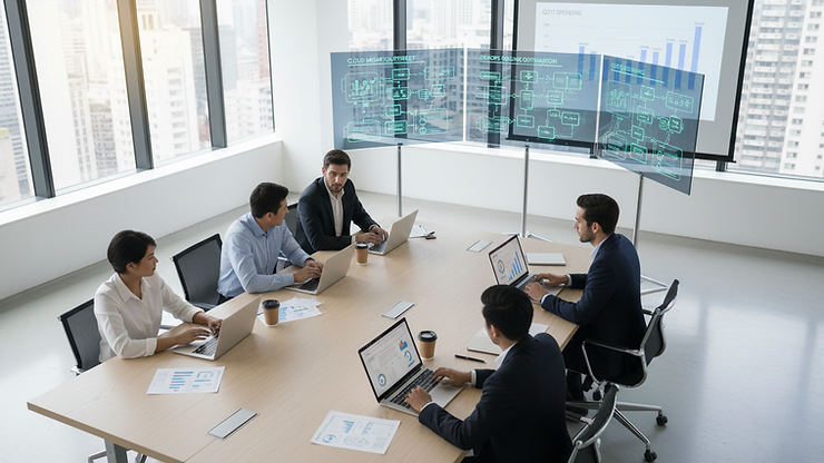 High angle view of a business meeting discussing IT strategy with laptops and charts