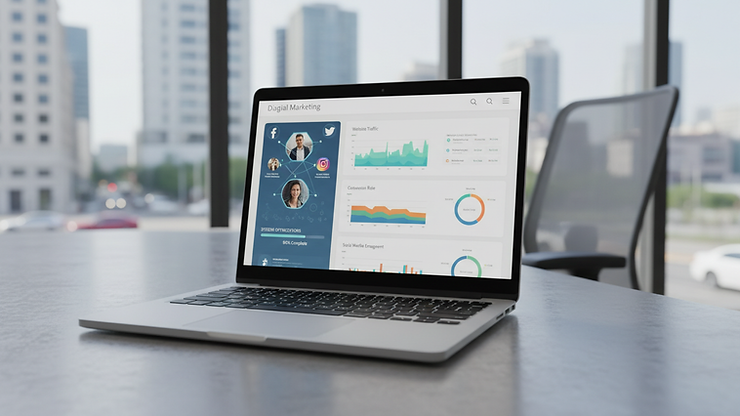 Eye-level view of a laptop displaying a digital marketing dashboard