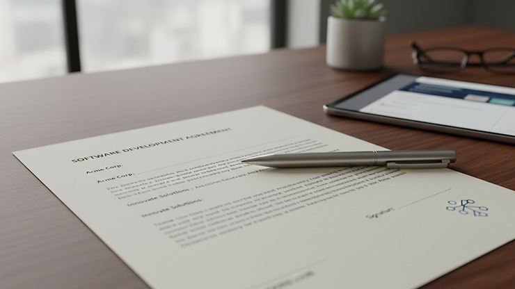Close-up view of a contract document with a pen on a wooden desk