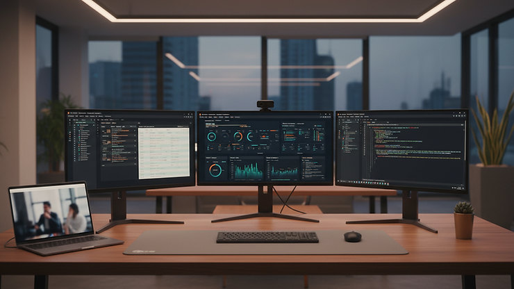 Eye-level view of a modern office workspace with multiple screens showing software dashboards