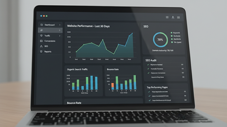 Close-up view of a laptop screen showing website analytics and SEO tools
