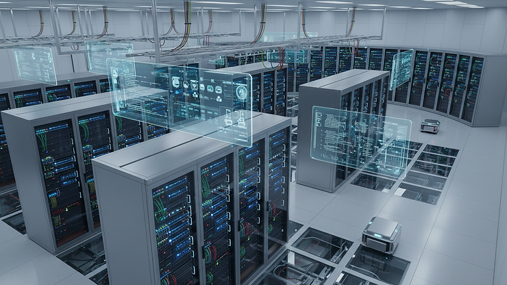 High angle view of a server room with racks of network equipment