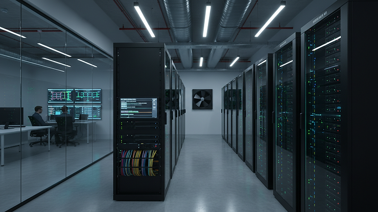 Eye-level view of a modern office server room with racks of equipment