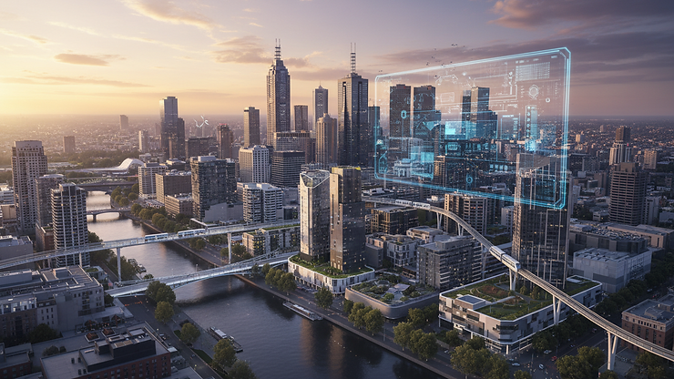High angle view of Melbourne city skyline at sunset