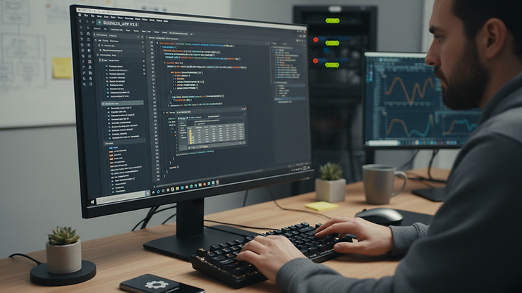 Close-up view of a software developer coding a custom business application