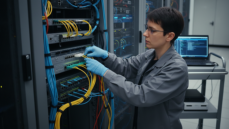Close-up view of a technician configuring network equipment in a data centre