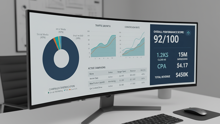 Close-up view of a digital marketing dashboard showing analytics and campaign performance