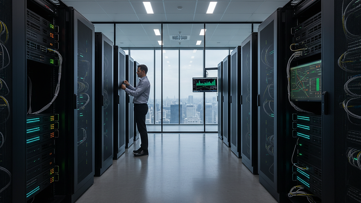 Eye-level view of a modern office server room with racks of equipment