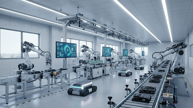 Eye-level view of a modern manufacturing plant with automated machinery